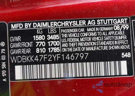 2000 Mercedes-Benz Slk 230 Kompressor из США, поврежденный, VIN WDBKK47F2YF146797